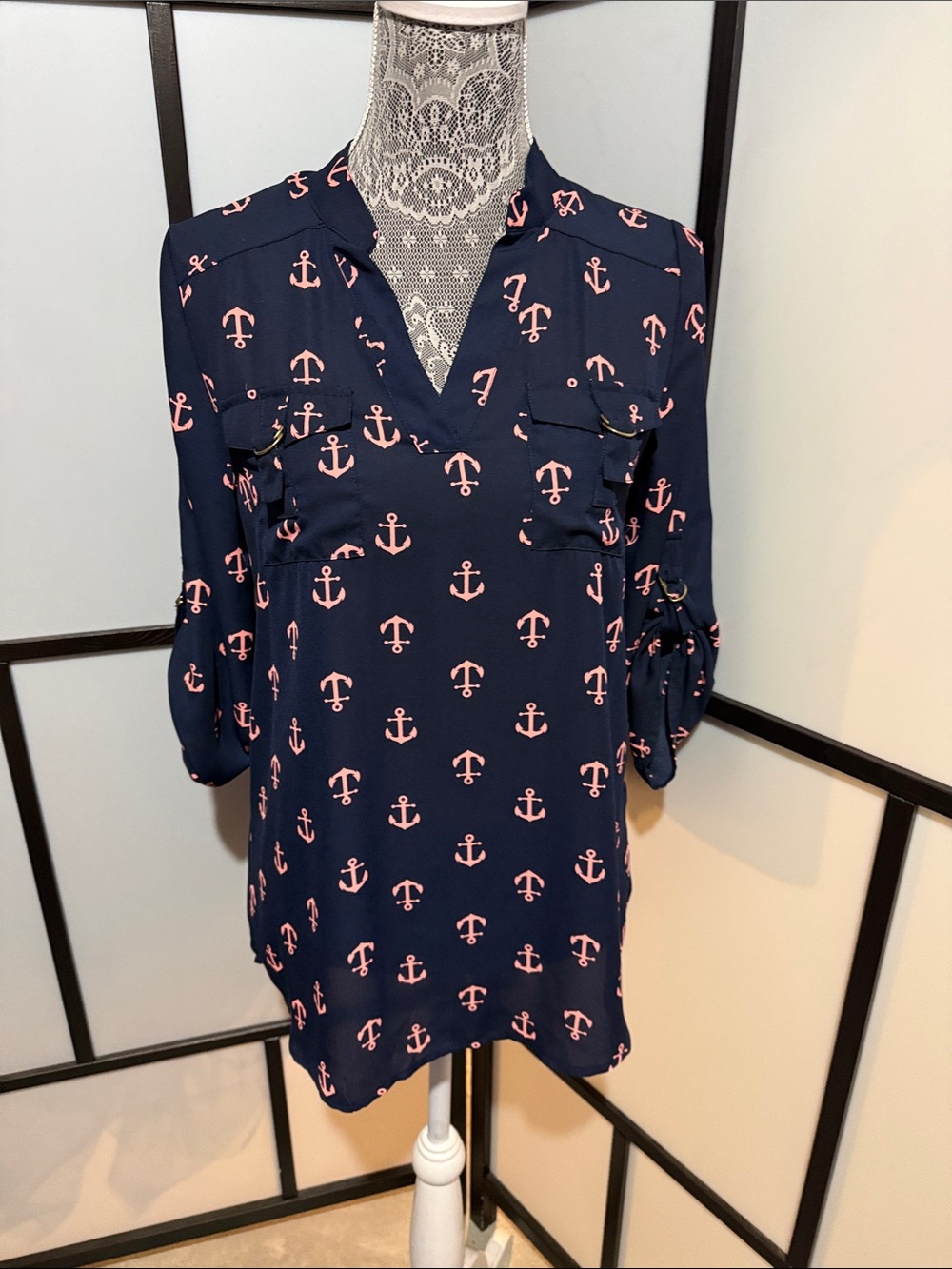Rue21 Navy Blouse with Pink Anchor Print and V-Neck